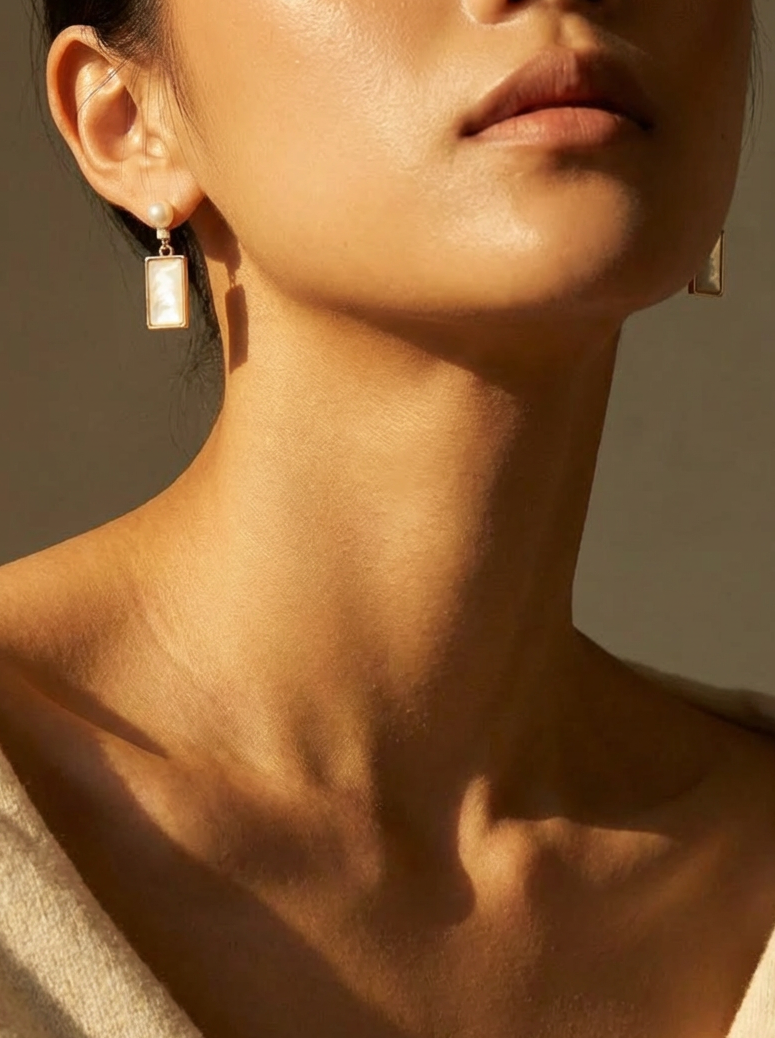 Minimal Rectangle Cream Gloss Drop Dangle Earrings With Tiny Round Stud Top For Quiet Luxury Everyday Wear