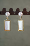 Minimal Rectangle Cream Gloss Drop Dangle Earrings With Tiny Round Stud Top For Quiet Luxury Everyday Wear