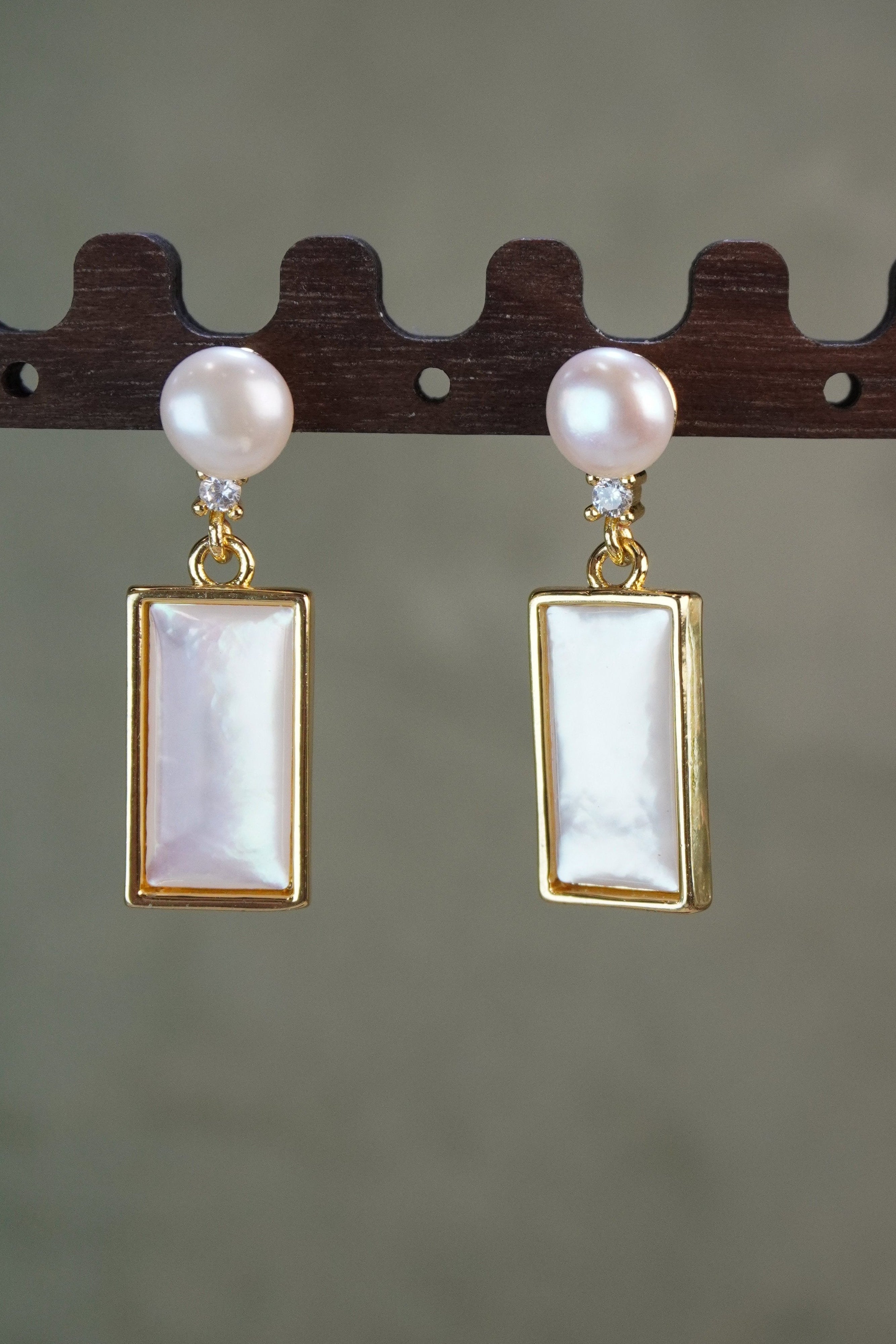 Minimal Rectangle Cream Gloss Drop Dangle Earrings With Tiny Round Stud Top For Quiet Luxury Everyday Wear