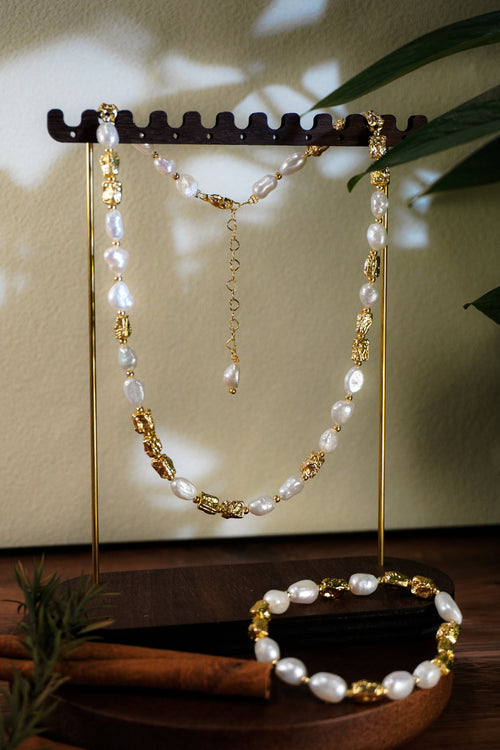 Baroque Pearl & Textured Gold Matching Jewelry Set, Irregular Pearl Necklace & Bracelet for Women