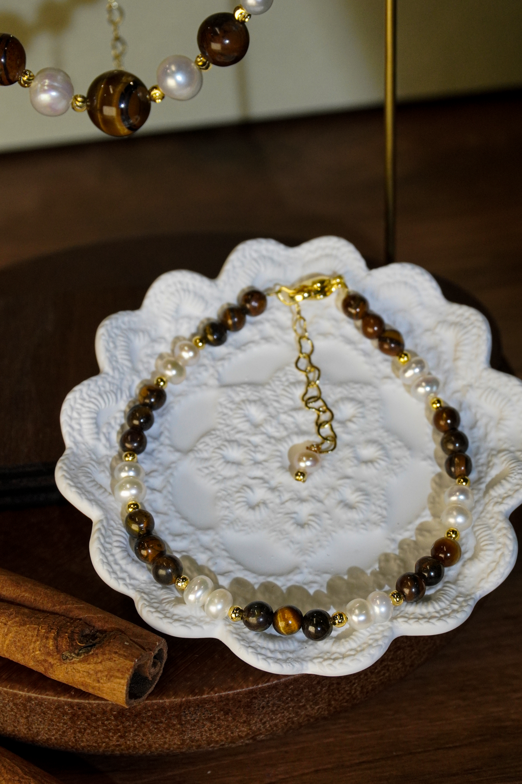 Warm Earth‑Tone Tiger‑Eye & Pearl Beaded Jewelry Set | Layering Necklace & Bracelet for Office & Casual Everyday Wear