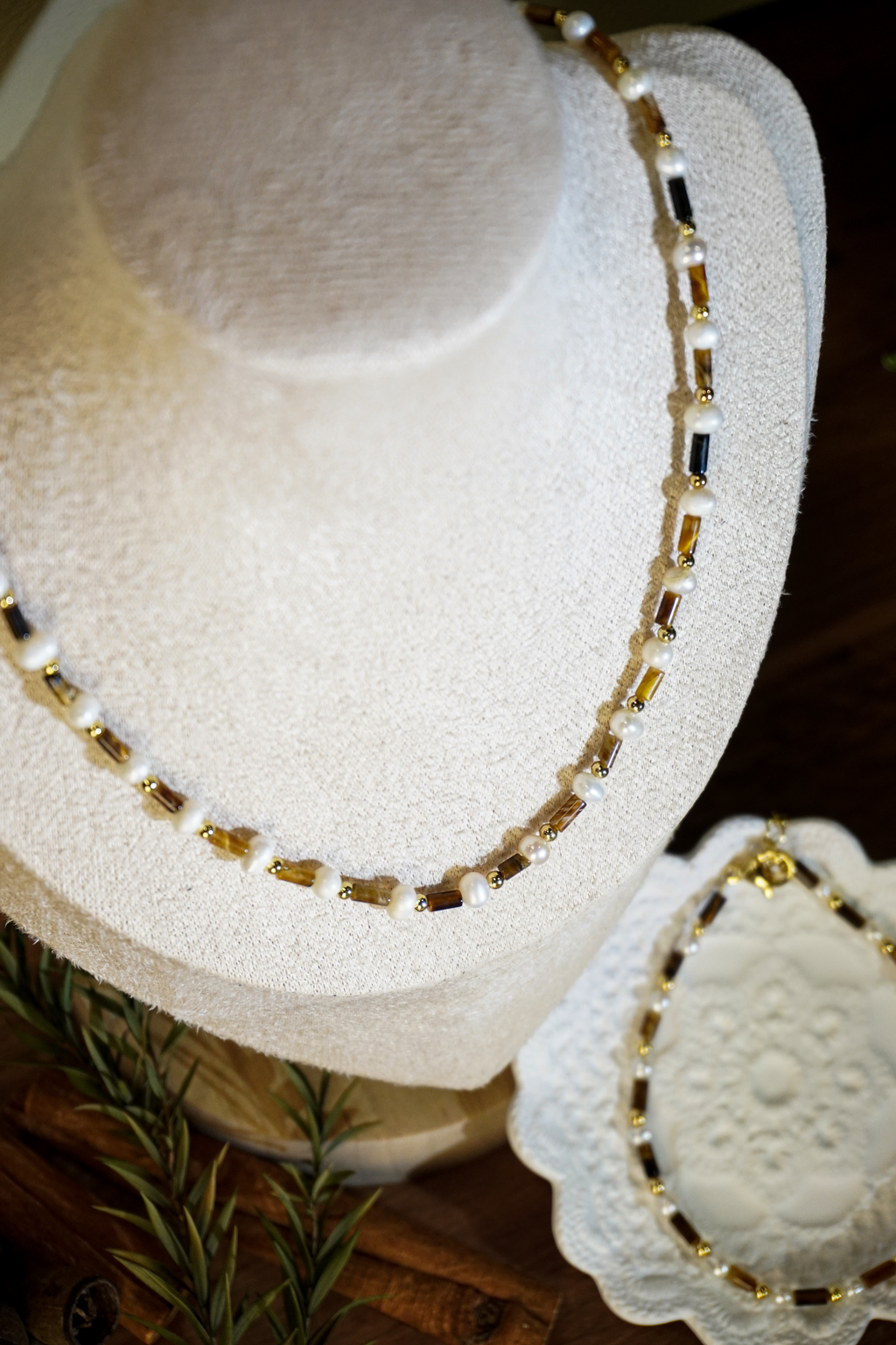 Hand‑Strung Tiger‑Eye & Freshwater Pearl Necklace Bracelet Set | Vintage Handmade Beaded Jewelry